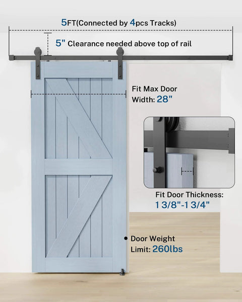 Sliding Barn Door Hardware Kit - 5 FT Heavy Duty Steel Rail Farm Door Hardware Kits Interior Barns Doors Slide Track Roller Set with Handle/Latch/Floor Guide for Garages/Kitchen/Bedroom (Black), showing door capacity and fit dimensions.
