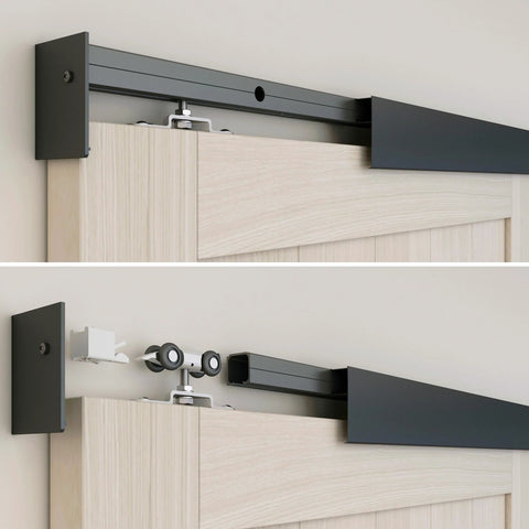 5Ft Barn Door Hardware Kit With Low Clearance Aluminum Box Rail Track For Interior Single Wooden Door Black Finish installed