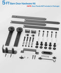 Sliding Barn Door Hardware Kit - 5 FT Heavy Duty Steel Rail Farm Door Hardware Kits laid out with components visible.