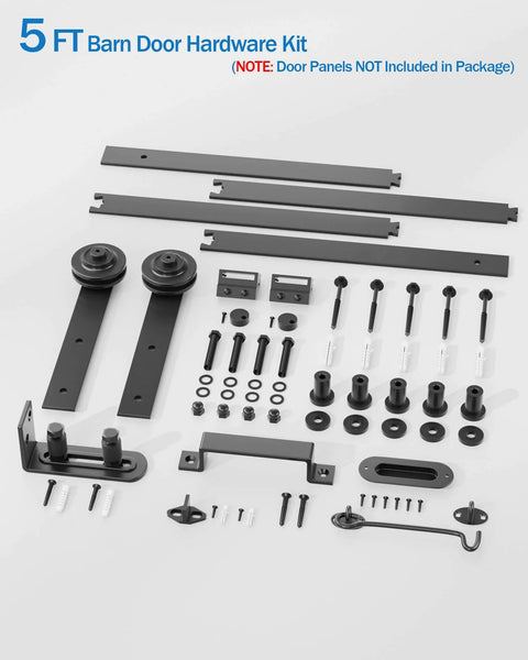 Sliding Barn Door Hardware Kit - 5 FT Heavy Duty Steel Rail Farm Door Hardware Kits laid out with components visible.