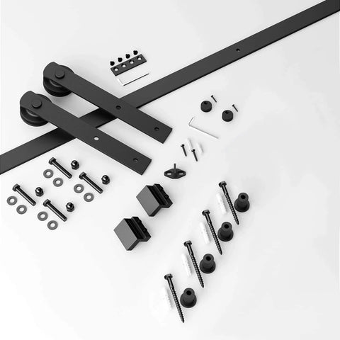 Components of 5ft Barn Door Hardware Kit with I shape hanger, carbon steel sliding track, nylon rollers, for 30 inch doors.