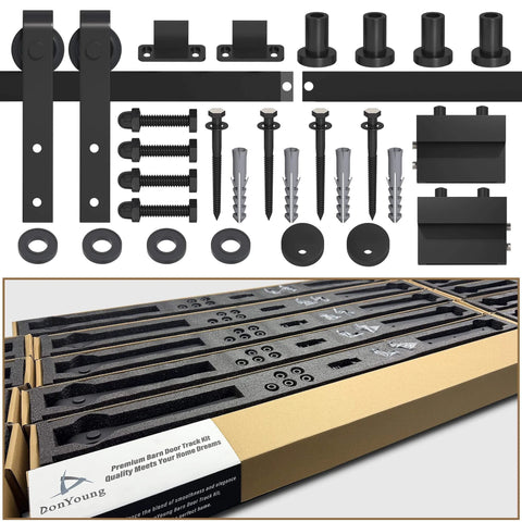 5FT Sliding Barn Door Hardware Kit for Single Doors up to 30 Inch, Heavy Duty Carbon Steel Track with Smooth Quiet Nylon Rollers, Complete Hardware Set Displayed