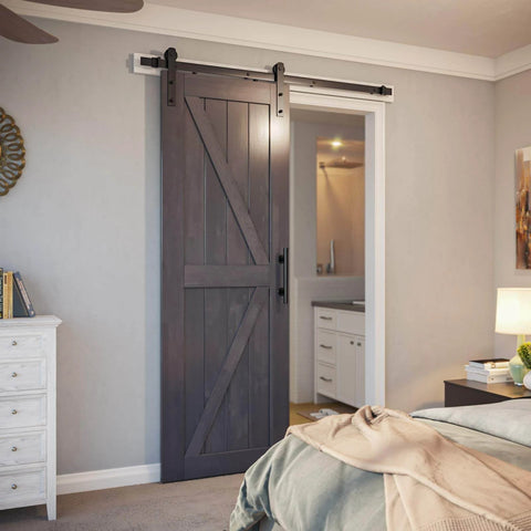 Sliding door with 5ft Barn Door Hardware Kit with I shape hanger, heavy duty carbon steel track, installed in bedroom doorway.