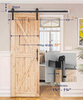 5ft Barn Door Hardware Kit with I shape hanger installed on 30 inch wooden door, showing carbon steel track and nylon rollers