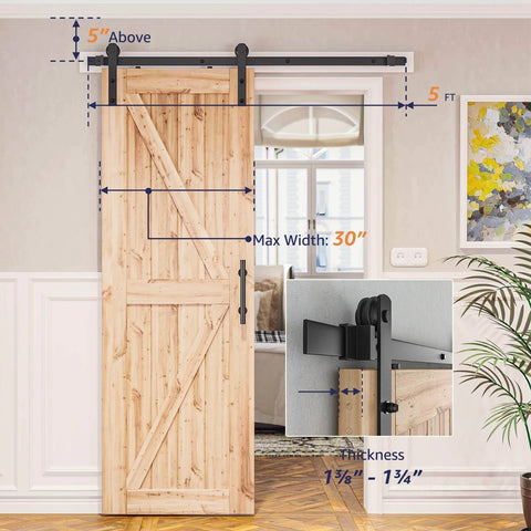 5ft Barn Door Hardware Kit with I shape hanger installed on 30 inch wooden door, showing carbon steel track and nylon rollers