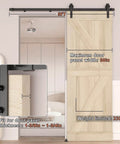 5FT Barn Door Hardware Kit with Heavy Duty Modular Sliding Track installed, wooden door shown with close-up of roller system.