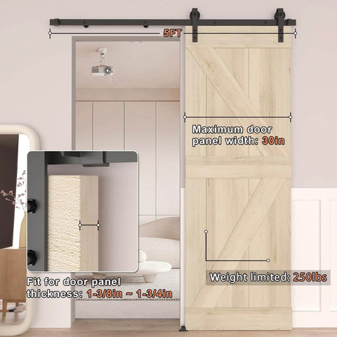 5FT Barn Door Hardware Kit with Heavy Duty Modular Sliding Track installed, wooden door shown with close-up of roller system.