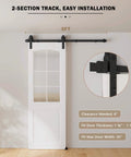 5FT Sliding Barn Door Hardware Kit for Single Doors up to 30 Inch installed in a living room, indicating clearance and fit specifications