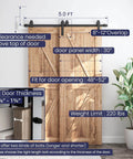 Illustration of 5 Feet Bypass Sliding Barn Door Hardware Kit for Double Wooden Doors with Single Track installed, showing dimensions.