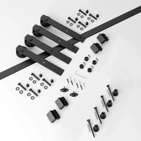 5FT Heavy Duty Double Door Sliding Barn Door Hardware Kit with carbon steel track and nylon rollers, complete hardware set visible.