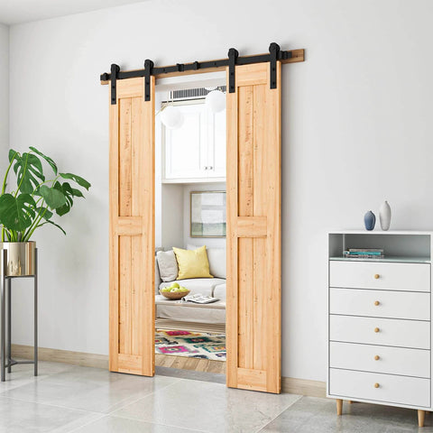 5FT Heavy Duty Double Door Sliding Barn Door Hardware Kit installed on light wood doors in a modern room setting