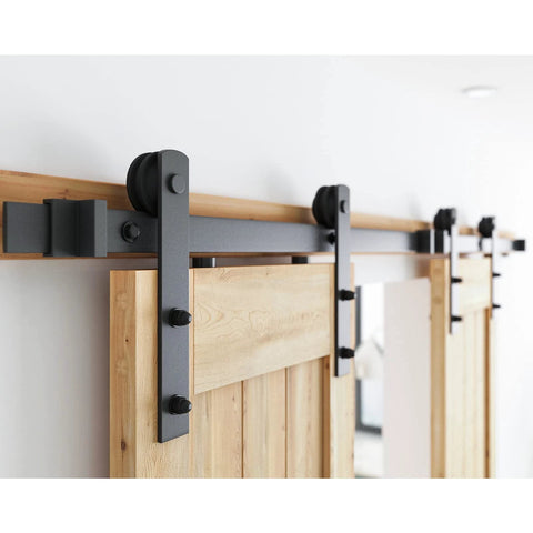 5FT Heavy Duty Double Door Sliding Barn Door Hardware Kit with carbon steel track installed, smooth and quiet nylon rollers visible