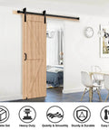 5FT Sliding Barn Door Hardware Kit Heavy Duty with I Shape Hanger installed in a dining room, showing smooth sliding on a black iron track system.