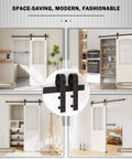 5FT Sliding Barn Door Hardware Kit for Single Doors up to 30 Inch installed in kitchen, pantry, cloakroom, and bedroom spaces