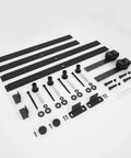 Components of 5FT Barn Door Hardware Kit with Heavy Duty Modular Sliding Track, J Shaped Carbon Steel System, Smooth Quiet Rollers
