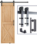Image of 5 FT Heavy Duty Sturdy Sliding Barn Door Hardware Kit, Black, I Shape Hanger, with wood door, pull handle, and floor guide.