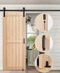 5FT Sliding Barn Door Hardware Kit Heavy Duty with I Shape Hanger installed in living room, showing door hook, handle, and floor guide.