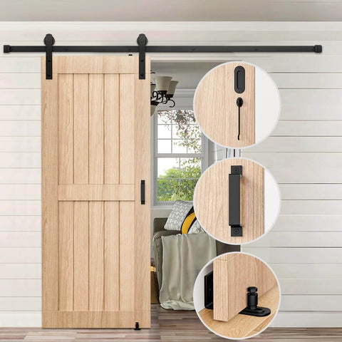 5FT Sliding Barn Door Hardware Kit Heavy Duty with I Shape Hanger installed in living room, showing door hook, handle, and floor guide.