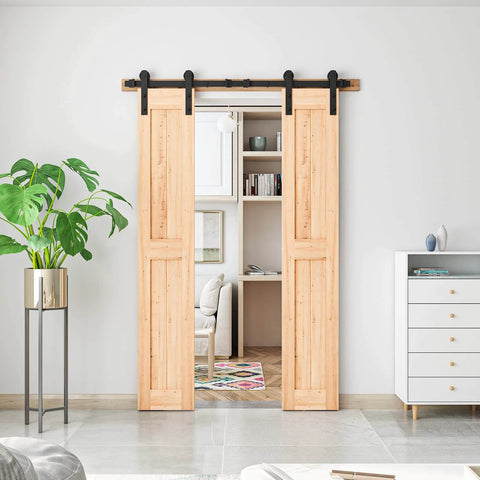 5FT Heavy Duty Double Door Sliding Barn Door Hardware Kit with carbon steel track installed on dual 15 inch wood door panels