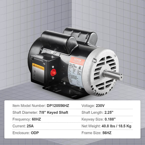 5HP Air Compressor Electric Motor, 230V 25 Amps, 56HZ Frame 3450RPM, 7/8" Keyed Shaft, 2.25" Shaft Length, Single Phase, CCW/CW