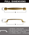 Dimensions of the set of six traditional five inch center to center antique brass cabinet pulls with curved classic design.