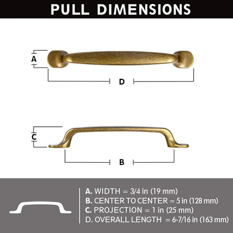 Dimensions of the set of six traditional five inch center to center antique brass cabinet pulls with curved classic design.