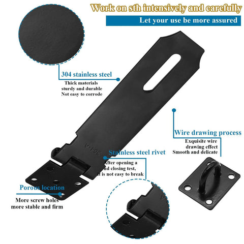 Detailed view of the 5 Inch 304 Stainless Steel Hasp Latch Set 2 Pack With Padlock And Combination Lock Black Heavy Duty Includes Screws