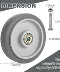 Diagram showing dimensions of 6-Piece Shopping Cart Wheel Replacement Kit With 5-Inch Wheels Axles Bolts And Washers Nylon And Polyurethane Construction