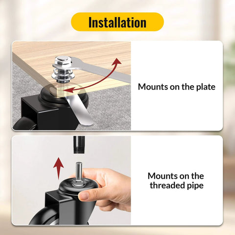 Installation guide for 5 Inch Caster Wheels No Brake Stem Casters Set of 4 Heavy Duty Swivel Castors, showing mounting on plate and pipe.