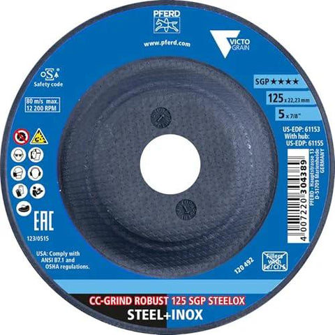 Image of CC Grind Robust Grinding Disc by PFERD, 5 inch diameter with STEELOX VICTOGRAIN for aggressive metal grinding.
