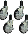 Set of 4, 5” Food Prep Table Casters, NSF Certified, showing front view with floor safe wheels and brakes.