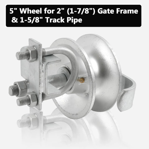 Five Inch Sliding Gate Rollers Two Pack For Chain Link Gates, Compatible With Two Inch Gate Frame And One And Five Eighths Inch Track Pipe, Galvanized Steel Wheel Hardware For Durable, Rust Resistant Gate Operation