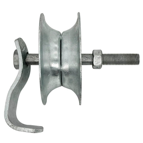 Side view of a 5 Inch Sliding Gate Roller for Steel Pipe Track with galvanized finish, designed for 1 5/8 Inch Pipe Track, hardware visible.