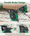 5 Inch Heavy Duty Swivel Plate Caster Wheels Set Of 4 With Brake Silent Polyurethane Castors For Furniture And Workbench Cart Durable Steel Top Plate And Double Ball Bearings Load Capacity Up To 550 Lb Per Caster 2200 Lb Total Green showing double brake design.
