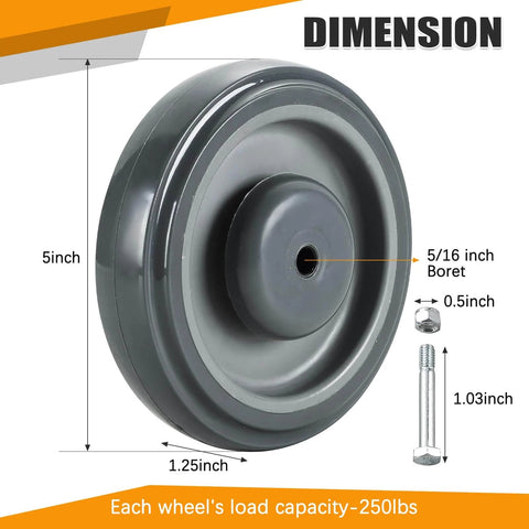 Close-up of 5 inch shopping cart wheel from 12 Pack Shopping Cart Replacement Wheels Kit with 5 Inch TPU Casters, 5/16 inch bore, bolts shown