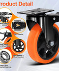 5 Inch Heavy Duty Caster Wheels Set of 4, Silent Swivel Casters with Brakes, Industrial Load Rated 2600 lbs Total, Smooth Rolling