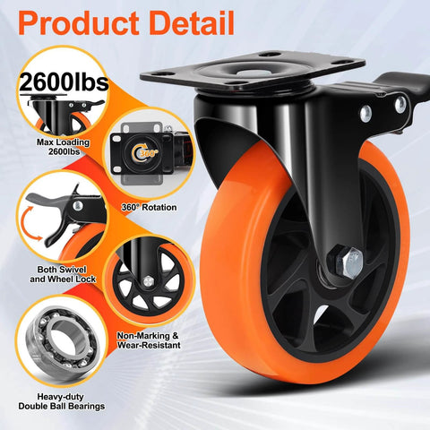 5 Inch Heavy Duty Caster Wheels Set of 4, Silent Swivel Casters with Brakes, Industrial Load Rated 2600 lbs Total, Smooth Rolling