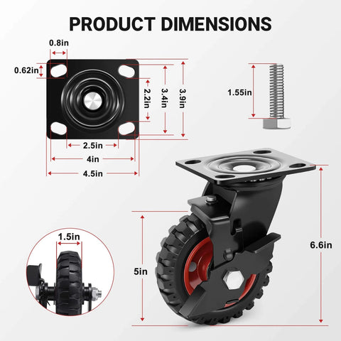 Diagram showing dimensions of 5 Inch Outdoor Heavy Duty Caster Wheels Set of 4 with Brakes, Large Rubber Swivel Casters 1080 lbs Capacity