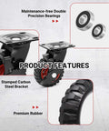 5 Inch Outdoor Heavy Duty Caster Wheels Set of 4 with Brakes, highlighting precision bearings, steel bracket, and rubber tread