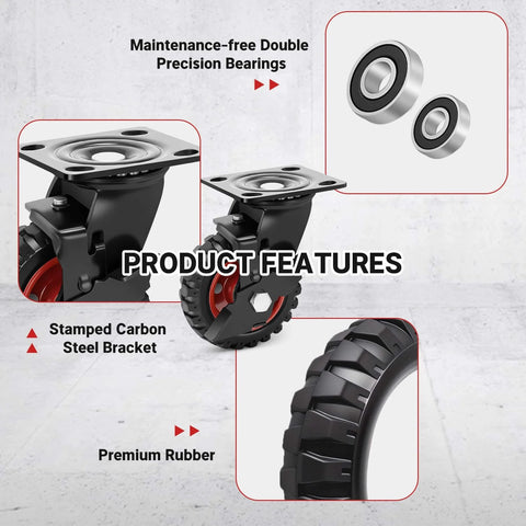 5 Inch Outdoor Heavy Duty Caster Wheels Set of 4 with Brakes, highlighting precision bearings, steel bracket, and rubber tread