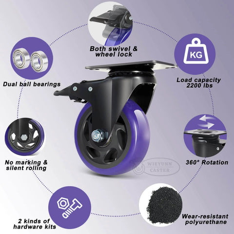 5 Inch Heavy Duty Caster Wheels Set of 4 with Brake, showing swivel caster with dual ball bearings and locking plate