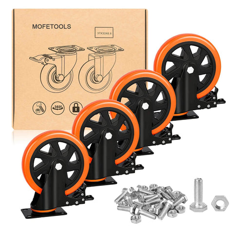 5 inch heavy duty plate caster wheels set of 4 with dual locking brakes, orange silent rubber wheels, includes free screws
