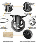 Diagram of 5 inch heavy duty swivel caster wheels set of 4 with double safety brakes, stainless steel frame, 360 swivel locking.