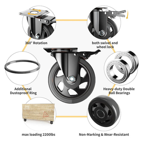 Diagram of 5 inch heavy duty swivel caster wheels set of 4 with double safety brakes, stainless steel frame, 360 swivel locking.
