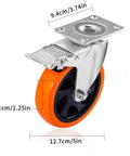 Side view of 5 Inch Swivel Casters Wheels 450lbs Per Wheel Heavy Duty Castors With Brake Polyurethane Dual Locking Set Of 4 Orange DL I5 001 showing dimensions.