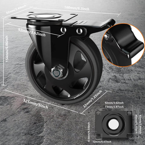 5 inch heavy duty swivel caster wheel with double safety brakes, stainless steel frame, polyurethane wheel, 360 swivel locking