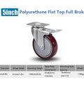 5 Inch Heavy Duty Anti Tangling Caster Wheel with Brake, 360 Degree Swivel PU Caster, Carbon Steel Plate for Furniture and Workbenches