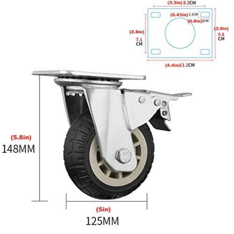 5 Inch Heavy Duty Swivel Plate Caster Wheels, Rubber Tire Tread Industrial Castors, side view with dimensions and mounting plate diagram