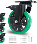 5 Inch Heavy Duty Swivel Plate Caster Wheels Set Of 4 With Brake Silent Polyurethane Castors For Furniture And Workbench Cart