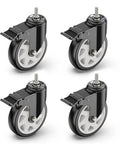 Set of 4 black 5 Inch Total Locking Stem Caster Wheels with 3/8 Inch 16 x 1 Threaded Stem, PVC wheels, steel housing, swivel locks.